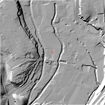 Shaded relief map of the ground around DY116SW, computed from Environment Agency LiDAR. The ground here sits at about 32 m above sea level and falls 34 m across the surrounding 800 m. Surface water reaching this point runs off ground lying to the south-west, 3.5 m higher.
