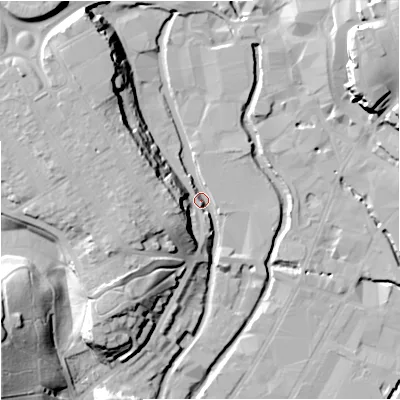 Shaded relief map of the ground around DY116TG, computed from Environment Agency LiDAR. The ground here sits at about 33 m above sea level and falls 29 m across the surrounding 800 m. Surface water reaching this point runs off ground lying to the north-west, 19.9 m higher.