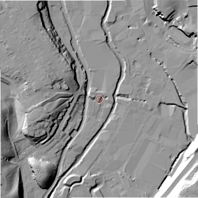 Shaded relief map of the ground around DY116TH, computed from Environment Agency LiDAR. The ground here sits at about 33 m above sea level and falls 35 m across the surrounding 800 m. Surface water reaching this point runs off ground lying to the west-north-west, 4.5 m higher.