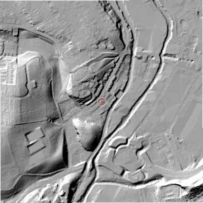 Shaded relief map of the ground around DY116US, computed from Environment Agency LiDAR. The ground here sits at about 36 m above sea level and falls 34 m across the surrounding 800 m. Surface water reaching this point runs off ground lying to the north-north-west, 13.1 m higher.