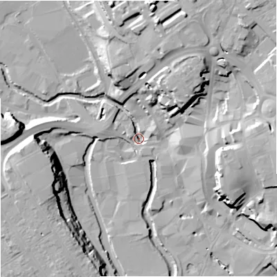 Shaded relief map of the ground around DY116UT, computed from Environment Agency LiDAR. The ground here sits at about 31 m above sea level and falls 25 m across the surrounding 800 m. Surface water reaching this point runs off ground lying to the north-east, 21.4 m higher.