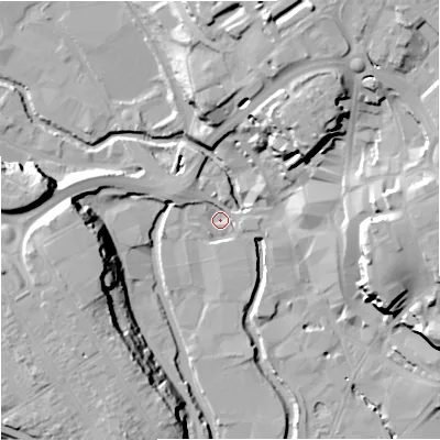 Shaded relief map of the ground around DY116UU, computed from Environment Agency LiDAR. The ground here sits at about 32 m above sea level and falls 23 m across the surrounding 800 m. Surface water reaching this point runs off ground lying to the west-north-west, 3.8 m higher.
