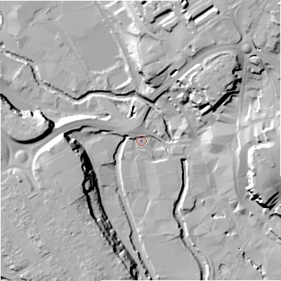 Shaded relief map of the ground around DY116UX, computed from Environment Agency LiDAR. The ground here sits at about 33 m above sea level and falls 25 m across the surrounding 800 m. Surface water reaching this point runs off ground lying to the north-west, 3.0 m higher.
