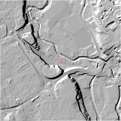 Shaded relief map of the ground around DY116XA, computed from Environment Agency LiDAR. The ground here sits at about 34 m above sea level and falls 25 m across the surrounding 800 m. Surface water reaching this point runs off ground lying to the north-west, 18.4 m higher.