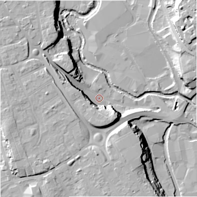 Shaded relief map of the ground around DY116XB, computed from Environment Agency LiDAR. The ground here sits at about 35 m above sea level and falls 21 m across the surrounding 800 m. Surface water reaching this point runs off ground lying to the north-north-west, 17.8 m higher.