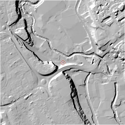 Shaded relief map of the ground around DY116XE, computed from Environment Agency LiDAR. The ground here sits at about 33 m above sea level and falls 26 m across the surrounding 800 m. Surface water reaching this point runs off ground lying to the north-west, 19.2 m higher.