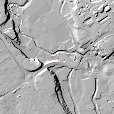 Shaded relief map of the ground around DY116XG, computed from Environment Agency LiDAR. The ground here sits at about 33 m above sea level and falls 26 m across the surrounding 800 m. Surface water reaching this point runs off ground lying to the west-south-west, 18.5 m higher.