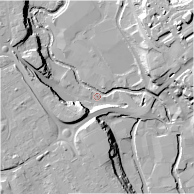 Shaded relief map of the ground around DY116XH, computed from Environment Agency LiDAR. The ground here sits at about 33 m above sea level and falls 26 m across the surrounding 800 m. Surface water reaching this point runs off ground lying to the north-east, 22.5 m higher.