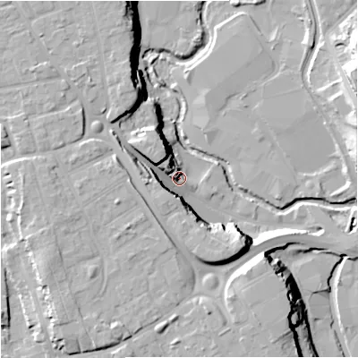 Shaded relief map of the ground around DY116XJ, computed from Environment Agency LiDAR. The ground here sits at about 37 m above sea level and falls 21 m across the surrounding 800 m. Surface water reaching this point runs off ground lying to the north-north-west, 14.6 m higher.