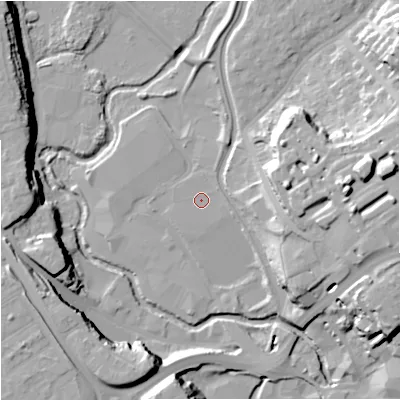 Shaded relief map of the ground around DY116XP, computed from Environment Agency LiDAR. The ground here sits at about 34 m above sea level and falls 25 m across the surrounding 800 m. Surface water reaching this point runs off ground lying to the east, 0.7 m higher.