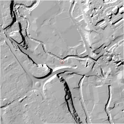 Shaded relief map of the ground around DY116XW, computed from Environment Agency LiDAR. The ground here sits at about 33 m above sea level and falls 26 m across the surrounding 800 m. Surface water reaching this point runs off ground lying to the north-east, 22.5 m higher.
