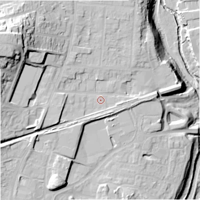 Shaded relief map of the ground around DY117DL, computed from Environment Agency LiDAR. The ground here sits at about 47 m above sea level and falls 45 m across the surrounding 800 m. Surface water reaching this point runs off ground lying to the west-north-west, 25.5 m higher.