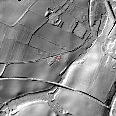 Shaded relief map of the ground around DY117SD, computed from Environment Agency LiDAR. The ground here sits at about 41 m above sea level and falls 29 m across the surrounding 800 m. Surface water reaching this point runs off ground lying to the west-north-west, 22.2 m higher.