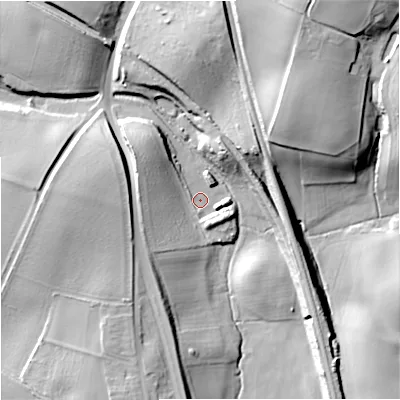 Shaded relief map of the ground around DY117XA, computed from Environment Agency LiDAR. The ground here sits at about 37 m above sea level and falls 27 m across the surrounding 800 m. Surface water reaching this point runs off ground lying to the north-east, 13.2 m higher.