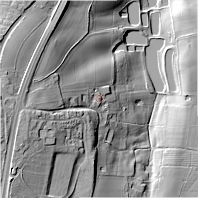 Shaded relief map of the ground around DY117XN, computed from Environment Agency LiDAR. The ground here sits at about 64 m above sea level and falls 43 m across the surrounding 800 m. Surface water reaching this point runs off ground lying to the west, 18.5 m higher.