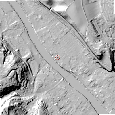 Shaded relief map of the ground around DY121AB, computed from Environment Agency LiDAR. The ground here sits at about 22 m above sea level and falls 56 m across the surrounding 800 m. Surface water reaching this point runs off ground lying to the north-east, 3.5 m higher.