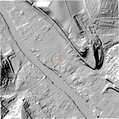 Shaded relief map of the ground around DY121AD, computed from Environment Agency LiDAR. The ground here sits at about 23 m above sea level and falls 41 m across the surrounding 800 m. Surface water reaching this point runs off ground lying to the north, 2.4 m higher.