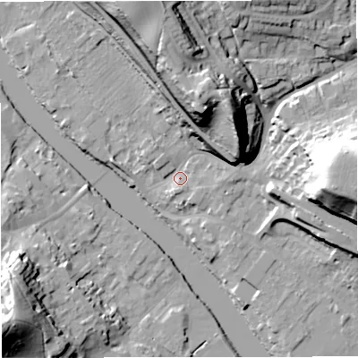 Shaded relief map of the ground around DY121AG, computed from Environment Agency LiDAR. The ground here sits at about 24 m above sea level and falls 40 m across the surrounding 800 m. Surface water reaching this point runs off ground lying to the north-north-west, 34.0 m higher.
