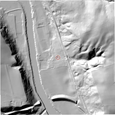 Shaded relief map of the ground around DY121AP, computed from Environment Agency LiDAR. The ground here sits at about 29 m above sea level and falls 72 m across the surrounding 800 m. Surface water reaching this point runs off ground lying to the north-east, 61.3 m higher.
