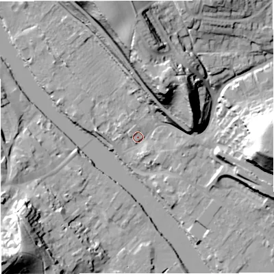 Shaded relief map of the ground around DY121AQ, computed from Environment Agency LiDAR. The ground here sits at about 24 m above sea level and falls 42 m across the surrounding 800 m. Surface water reaching this point runs off ground lying to the north, 35.2 m higher.