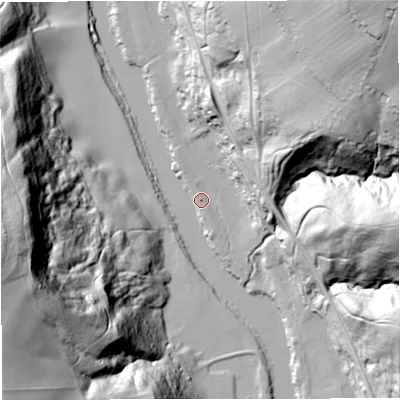 Shaded relief map of the ground around DY121AR, computed from Environment Agency LiDAR. The ground here sits at about 23 m above sea level and falls 85 m across the surrounding 800 m. Surface water reaching this point runs off ground lying to the west-south-west, 84.9 m higher.