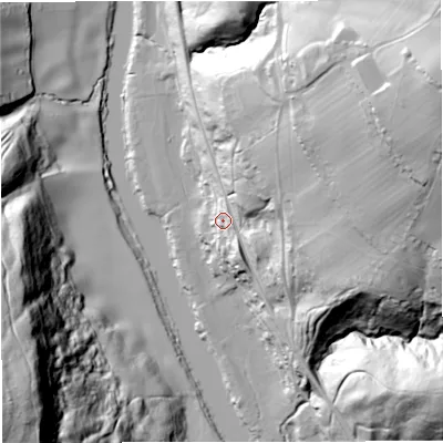 Shaded relief map of the ground around DY121AS, computed from Environment Agency LiDAR. The ground here sits at about 33 m above sea level and falls 94 m across the surrounding 800 m. Surface water reaching this point runs off ground lying to the east-north-east, 76.4 m higher.