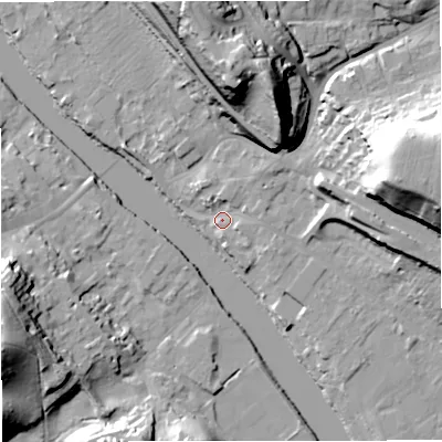 Shaded relief map of the ground around DY121AX, computed from Environment Agency LiDAR. The ground here sits at about 22 m above sea level and falls 40 m across the surrounding 800 m. Surface water reaching this point runs off ground lying to the north-east, 4.0 m higher.