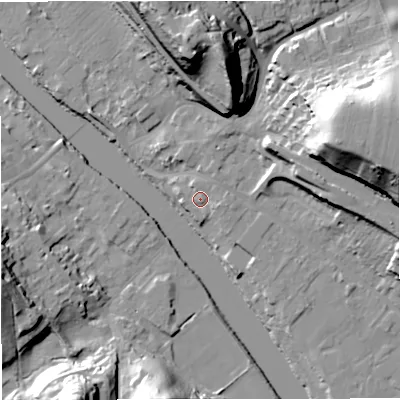 Shaded relief map of the ground around DY121AY, computed from Environment Agency LiDAR. The ground here sits at about 24 m above sea level and falls 40 m across the surrounding 800 m. Surface water reaching this point runs off ground lying to the east-south-east, 2.2 m higher.