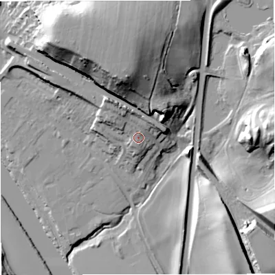 Shaded relief map of the ground around DY121BN, computed from Environment Agency LiDAR. The ground here sits at about 31 m above sea level and falls 40 m across the surrounding 800 m. Surface water reaching this point runs off ground lying to the north-north-west, 8.5 m higher.
