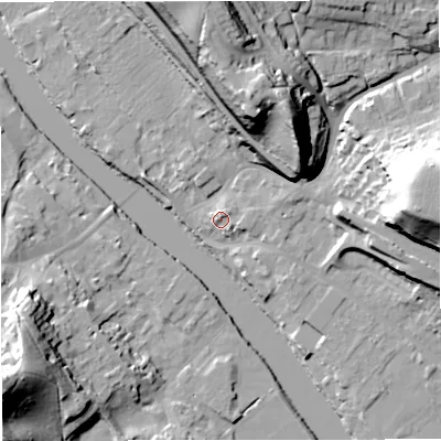 Shaded relief map of the ground around DY121DW, computed from Environment Agency LiDAR. The ground here sits at about 24 m above sea level and falls 40 m across the surrounding 800 m. Surface water reaching this point runs off ground lying to the east-south-east, 3.4 m higher.