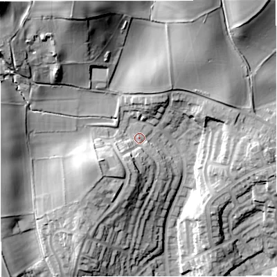Shaded relief map of the ground around DY121EJ, computed from Environment Agency LiDAR. The ground here sits at about 44 m above sea level and falls 40 m across the surrounding 800 m. Surface water reaching this point runs off ground lying to the south-south-west, 8.5 m higher.