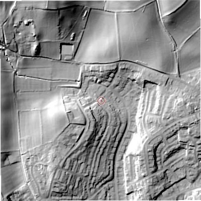 Shaded relief map of the ground around DY121EL, computed from Environment Agency LiDAR. The ground here sits at about 44 m above sea level and falls 39 m across the surrounding 800 m. Surface water reaching this point runs off ground lying to the south-west, 8.8 m higher.