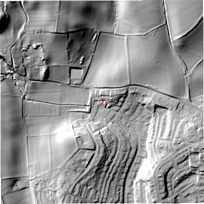 Shaded relief map of the ground around DY121EN, computed from Environment Agency LiDAR. The ground here sits at about 45 m above sea level and falls 45 m across the surrounding 800 m. Surface water reaching this point runs off ground lying to the north-west, 35.5 m higher.