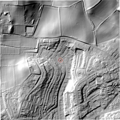 Shaded relief map of the ground around DY121EP, computed from Environment Agency LiDAR. The ground here sits at about 41 m above sea level and falls 39 m across the surrounding 800 m. Surface water reaching this point runs off ground lying to the north-west, 31.1 m higher.