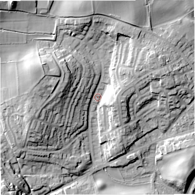Shaded relief map of the ground around DY121ES, computed from Environment Agency LiDAR. The ground here sits at about 37 m above sea level and falls 28 m across the surrounding 800 m. Surface water reaching this point runs off ground lying to the north-west, 20.9 m higher.
