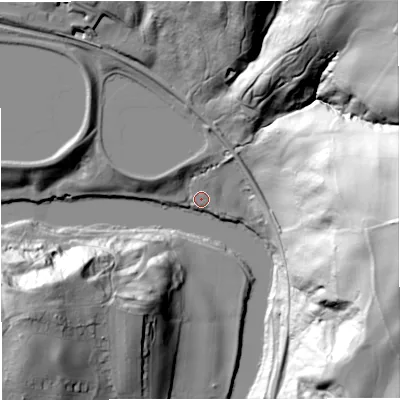 Shaded relief map of the ground around DY121PN, computed from Environment Agency LiDAR. The ground here sits at about 24 m above sea level and falls 94 m across the surrounding 800 m. Surface water reaching this point runs off ground lying to the north-north-east, 56.2 m higher.