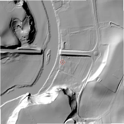 Shaded relief map of the ground around DY121PX, computed from Environment Agency LiDAR. The ground here sits at about 22 m above sea level and falls 43 m across the surrounding 800 m. Surface water reaching this point runs off ground lying to the east-south-east, 23.5 m higher.