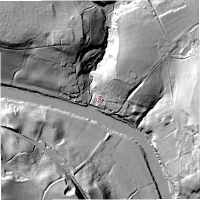 Shaded relief map of the ground around DY121XA, computed from Environment Agency LiDAR. The ground here sits at about 29 m above sea level and falls 47 m across the surrounding 800 m. Surface water reaching this point runs off ground lying to the north-east, 25.2 m higher.