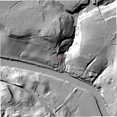 Shaded relief map of the ground around DY121XB, computed from Environment Agency LiDAR. The ground here sits at about 30 m above sea level and falls 47 m across the surrounding 800 m. Surface water reaching this point runs off ground lying to the north-north-west, 25.4 m higher.
