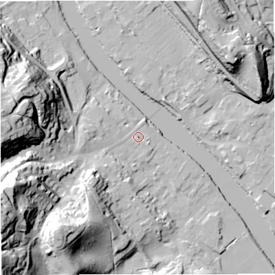 Shaded relief map of the ground around DY122AF, computed from Environment Agency LiDAR. The ground here sits at about 22 m above sea level and falls 57 m across the surrounding 800 m. Surface water reaching this point runs off ground lying to the south-west, 19.1 m higher.
