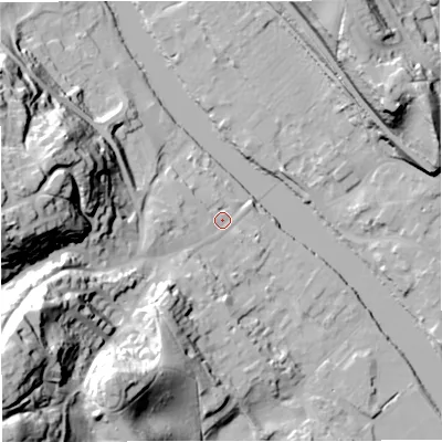 Shaded relief map of the ground around DY122AW, computed from Environment Agency LiDAR. The ground here sits at about 22 m above sea level and falls 60 m across the surrounding 800 m. Surface water reaching this point runs off ground lying to the south-west, 54.8 m higher.