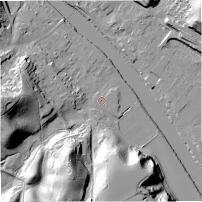 Shaded relief map of the ground around DY122BF, computed from Environment Agency LiDAR. The ground here sits at about 22 m above sea level and falls 43 m across the surrounding 800 m. Surface water reaching this point runs off ground lying to the south-south-west, 3.3 m higher.