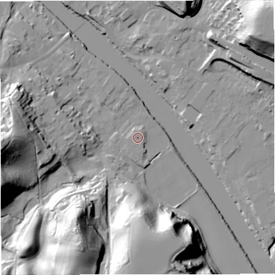 Shaded relief map of the ground around DY122DG, computed from Environment Agency LiDAR. The ground here sits at about 23 m above sea level and falls 41 m across the surrounding 800 m. The ground contributing surface water to this point lies to the south-east.