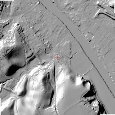 Shaded relief map of the ground around DY122DP, computed from Environment Agency LiDAR. The ground here sits at about 24 m above sea level and falls 43 m across the surrounding 800 m. Surface water reaching this point runs off ground lying to the south-south-west, 5.1 m higher.