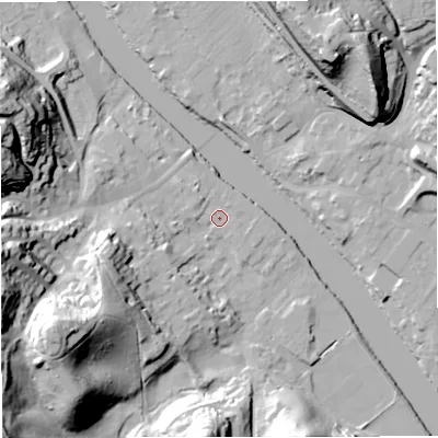 Shaded relief map of the ground around DY122DQ, computed from Environment Agency LiDAR. The ground here sits at about 22 m above sea level and falls 45 m across the surrounding 800 m. Surface water reaching this point runs off ground lying to the west, 1.0 m higher.