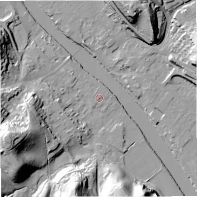Shaded relief map of the ground around DY122DS, computed from Environment Agency LiDAR. The ground here sits at about 22 m above sea level and falls 43 m across the surrounding 800 m. Surface water reaching this point runs off ground lying to the south-south-west, 1.0 m higher.