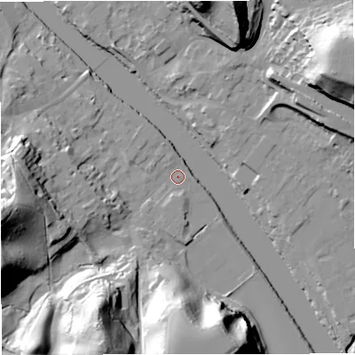 Shaded relief map of the ground around DY122DU, computed from Environment Agency LiDAR. The ground here sits at about 21 m above sea level and falls 41 m across the surrounding 800 m. Surface water reaching this point runs off ground lying to the south-south-west, 38.8 m higher.