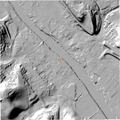 Shaded relief map of the ground around DY122DX, computed from Environment Agency LiDAR. The ground here sits at about 22 m above sea level and falls 43 m across the surrounding 800 m. Surface water reaching this point runs off ground lying to the south, 4.5 m higher.