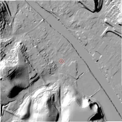 Shaded relief map of the ground around DY122DY, computed from Environment Agency LiDAR. The ground here sits at about 22 m above sea level and falls 43 m across the surrounding 800 m. Surface water reaching this point runs off ground lying to the west, 40.0 m higher.
