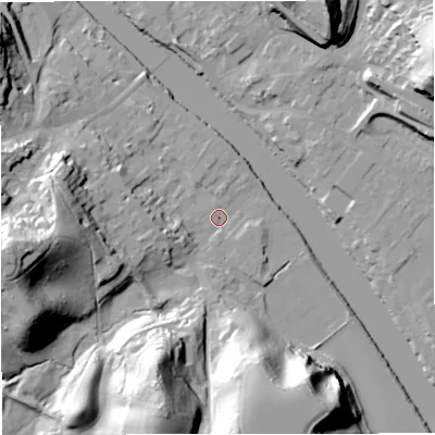 Shaded relief map of the ground around DY122DZ, computed from Environment Agency LiDAR. The ground here sits at about 21 m above sea level and falls 43 m across the surrounding 800 m. Surface water reaching this point runs off ground lying to the west, 40.2 m higher.
